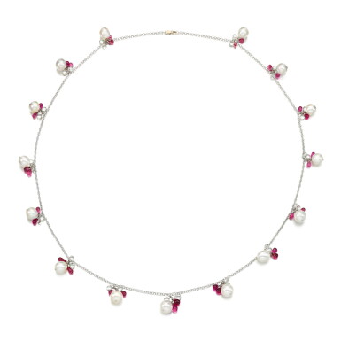 View full screen - View 1 of Lot 207. A cultured pearl and gem-set sautoir.