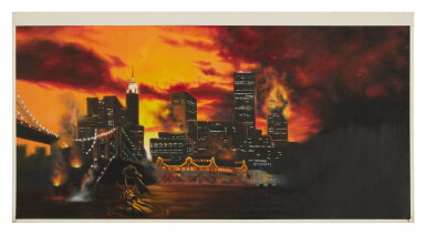 View full screen - View 1 of Lot 88. Original concept art by Hugo Bravo for the cover of Jeru the Damaja's "The Sun Rises in the East," 1994, with chromogenic print of final album cover, signed by Danny Hastings .