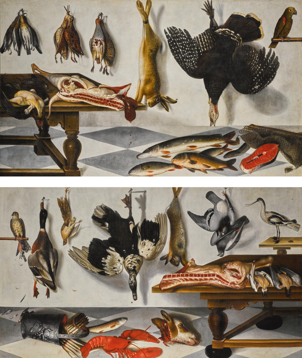 View full screen - View 1 of Lot 151. CORNELIS BILTIUS | A pair of trompe l'œil game larder still lifes: with a hare, partridge, snipe, turkey, pike, eel and fish, with a parrot; and with pigeons, a hare, calf's head, asparagus, lobster and trout, with a hawk and a plover.