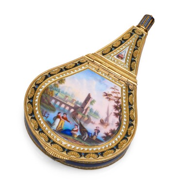View full screen - View 1 of Lot 1117. An unusual gold and enamel combined snuff box and scent bottle, Geneva, circa 1800.
