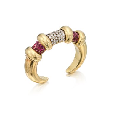 View full screen - View 1 of Lot 155. A Gold, Silver, Ruby and Diamond Cuff-Bracelet.
