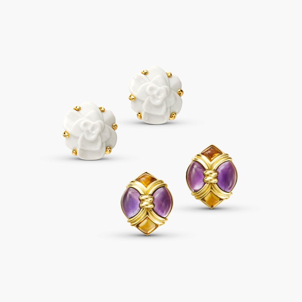 View full screen - View 1 of Lot 1391. Pair of Amethyst and Citrine Earclips and Pair of Agate Earclips | 寶格麗 及 香奈兒 | 紫水晶 配 黃水晶 耳夾一對 及 瑪瑙 耳夾一對.
