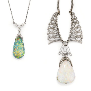 View full screen - View 1 of Lot 110. DEUX COLLIERS OPALES ET DIAMANTS | TWO OPAL AND DIAMOND NECKLACES.