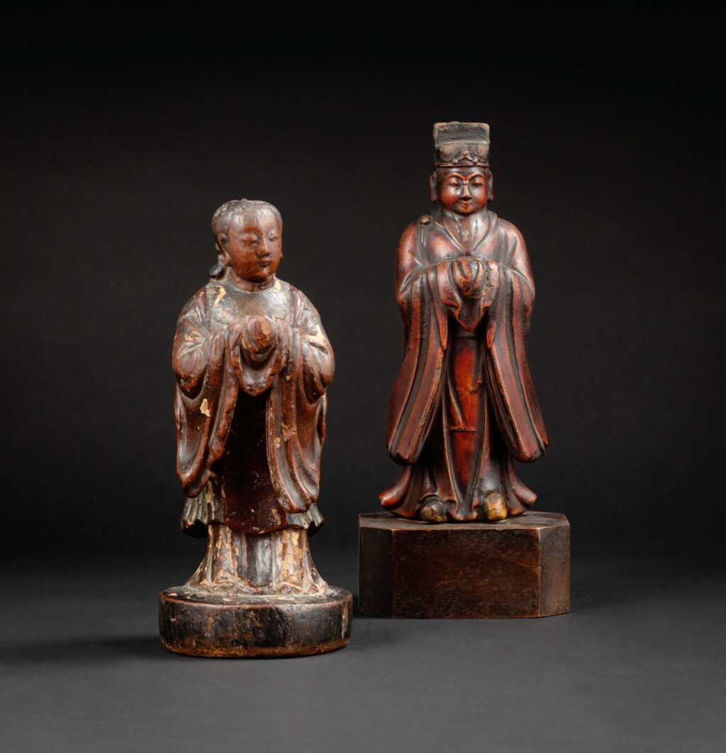View full screen - View 1 of Lot 211. Two lacquered wood figures of Daoist immortals Ming-Qing dynasties | 明至清 漆木雕神仙立像兩尊.