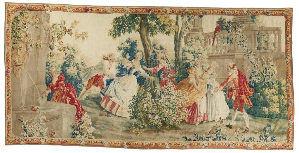 View full screen - View 1 of Lot 44. ‘BLIND MAN’S BUFF’, A LOUIS XV GENRE TAPESTRY, AUBUSSON, FROM THE SERIES LES AMUSEMENTS CHAMPETRES, AFTER JEAN-BAPTISTE OUDRY, CIRCA 1770.