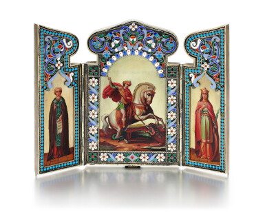 View full screen - View 1 of Lot 217. A SILVER-GILT AND CLOISONNÉ ENAMEL TRIPTYCH ICON, PAVEL OVCHINNIKOV, MOSCOW, 1893.