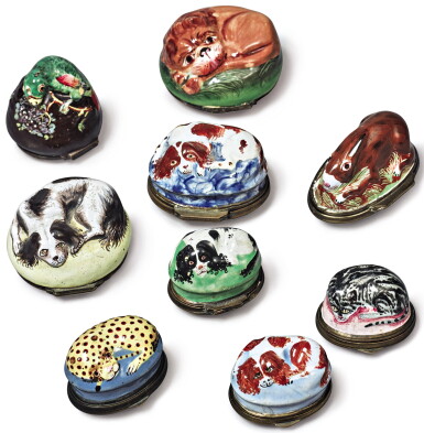 View full screen - View 1 of Lot 513. NINE RELIEF-TOP ENGLISH ENAMEL BOXES FORMED AS ANIMALS, STAFFORDSHIRE, 18TH CENTURY.
