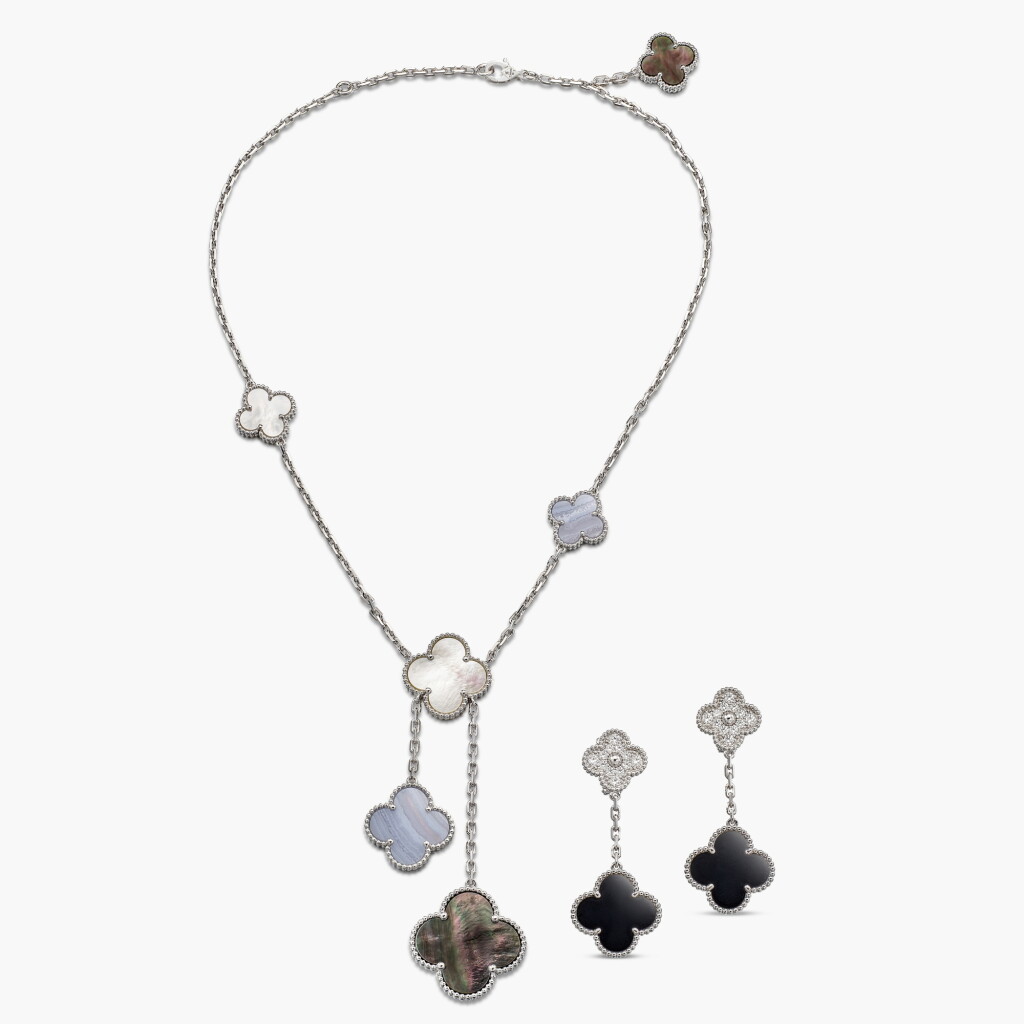View full screen - View 1 of Lot 1603. Mother-of-Pearl and Chalcedony 'Magic Alhambra' Necklace; and Pair of Onyx and Diamond 'Magic Alhambra' Earclips | 梵克雅寶 | 貝母 配 玉髓 ‘Magic Alhambra’ 項鏈;及 縞瑪瑙 配 鑽石 ‘Magic Alhambra’ 耳夾一對.