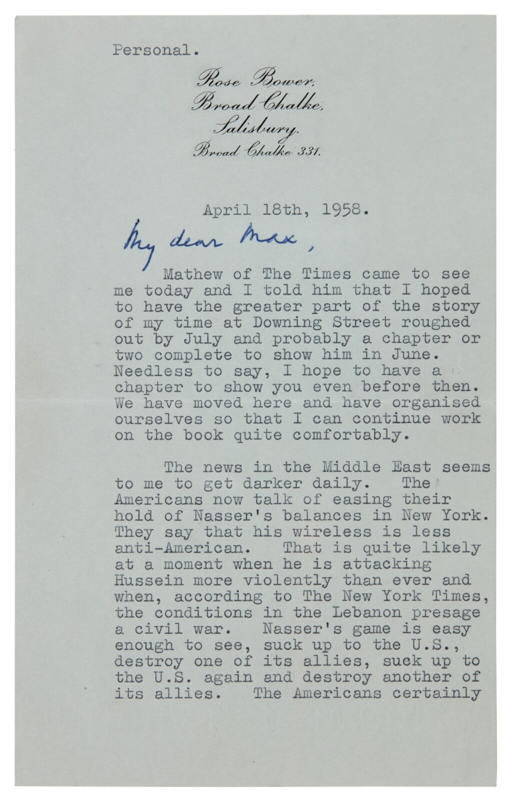 Voir en plein écran - Voir 1 du lot 32. Anthony Eden | Letter signed, to Lord Beaverbrook, on the Middle East, 18 April 1958.