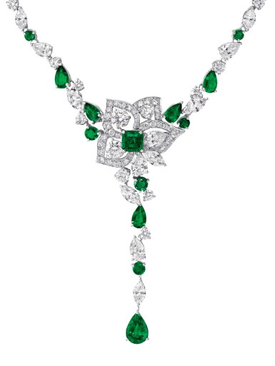 View full screen - View 1 of Lot 82. GRAFF | EMERALD AND DIAMOND 'PEONY' PENDANT-NECKLACE 格拉夫 | 祖母綠配鑽石「Peony」吊墜項鏈.