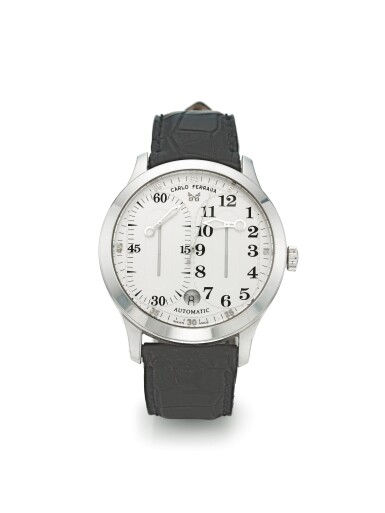 View full screen - View 1 of Lot 122. CARLO FERRARA | A LIMITED EDITION WHITE GOLD AUTOMATIC WRISTWATCH WITH DATE CIRCA 2001.