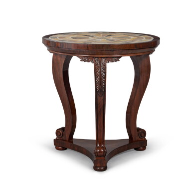 View full screen - View 1 of Lot 233. A Victorian Rosewood Center Table, with Armorial Inlaid Italian Specimen Marble Top, Last Quarter 19th Century.