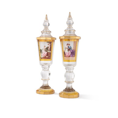 View full screen - View 1 of Lot 294. A pair of probably Austrian transparent enamel covered cups, in the manner of Anton Kothgasser, late 19th-early 20th century | Paire de gobelets et leur couvercle en verre émaillé transparent, probablement autrichien, à la manière d'Anton Kothgasser, fin XIXe-début XXe siècle.