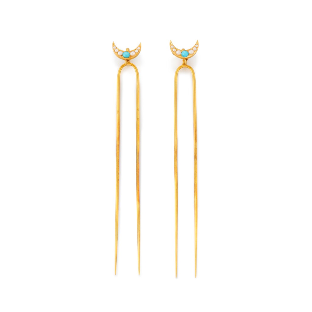 View full screen - View 1 of Lot 1006. A pair of gold, turquoise and seed pearl hair pins, St Petersburg, circa 1890.