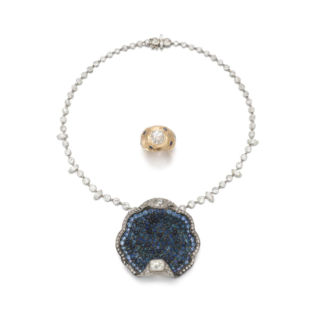 View full screen - View 1 of Lot 57. Sapphire and diamond brooch, diamond necklace and diamond and sapphire ring | Spilla in zaffiri e diamanti, rivière in diamanti e anello con diamante e zaffiri.
