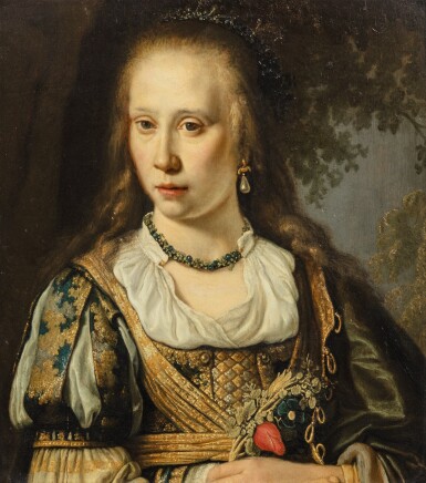 View full screen - View 1 of Lot 67. Portrait of a young woman, half-length, dressed in a gold-embroidered dress, wearing a tiara and holding flowers in her left hand.