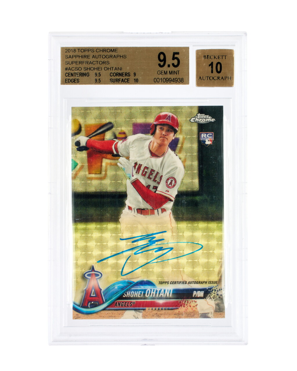 View full screen - View 1 of Lot 1. 2018 Topps Chrome Sapphire Superfractor Rookie Autograph #AC-SO Shohei Ohtani - BGS 9.5/Autograph 10 | Rookie Card | 1 of 1 | On-Card Autograph.