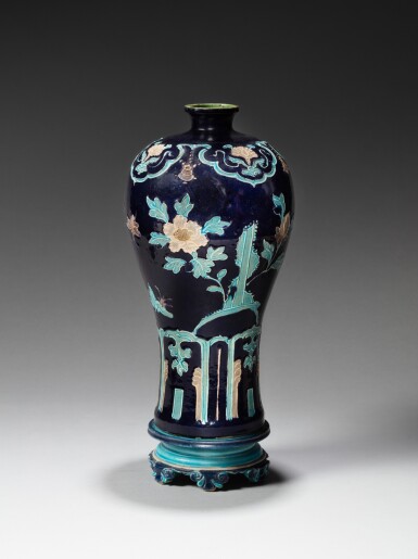 View full screen - View 1 of Lot 68. A superb fahua 'floral' meiping vase and stand, Ming dynasty | 明 琺華花卉紋梅瓶.