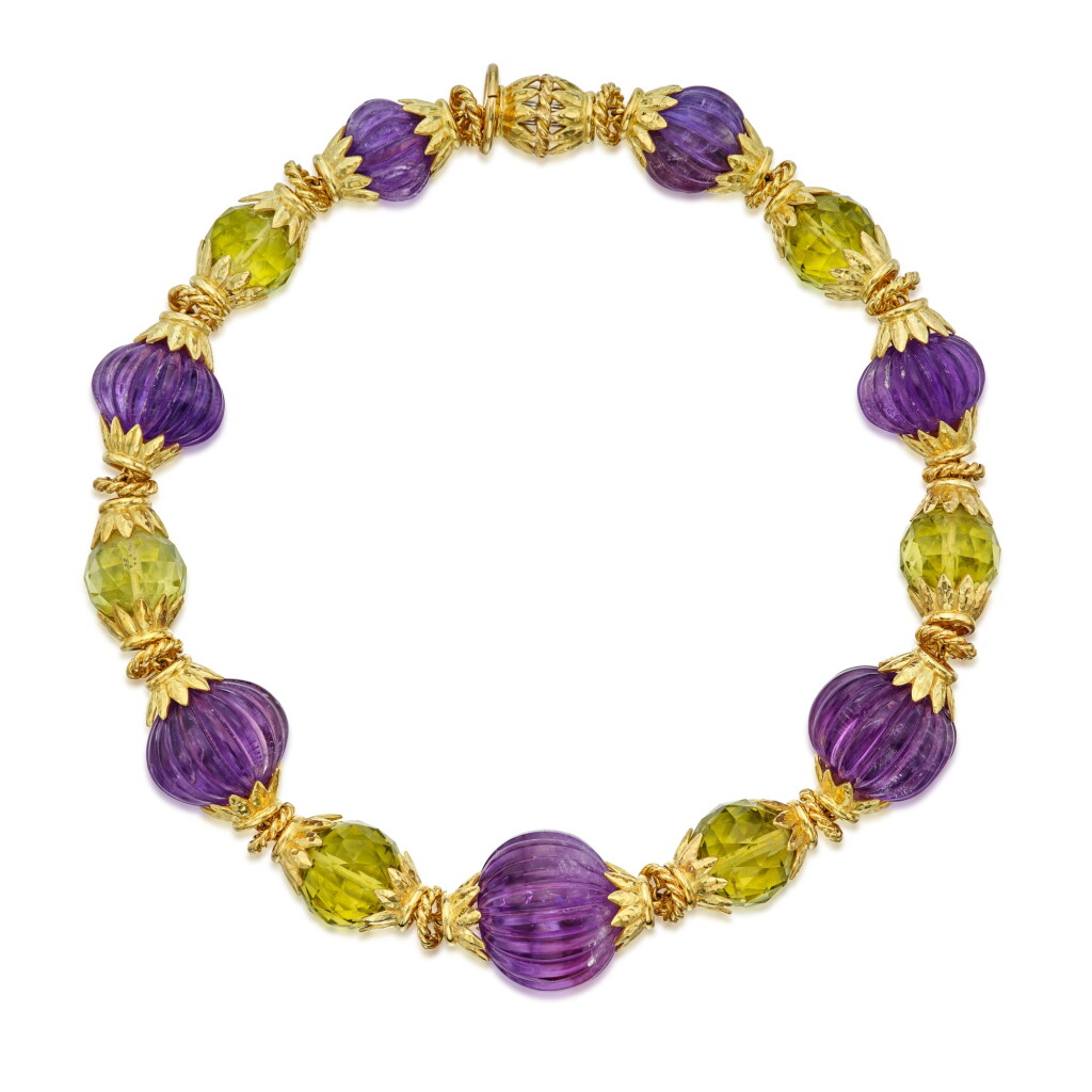 View full screen - View 1 of Lot 413. Gold, Amethyst, and Green Quartz Bead Necklace .