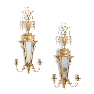 View full screen - View 1 of Lot 94. A pair of George III giltwood wall lights, late 18th century.