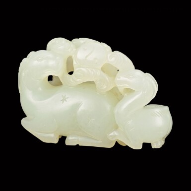 View full screen - View 1 of Lot 159. A white jade 'sanyang' group Qing dynasty, 17th century | 清十七世紀 白玉三羊開泰.