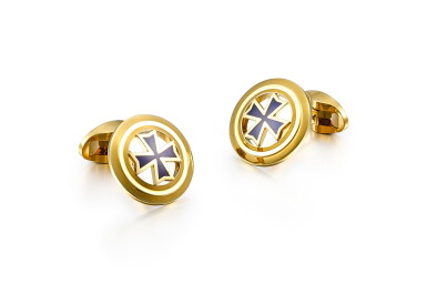 View full screen - View 1 of Lot 8002. VACHERON CONSTANTIN | A PAIR OF YELLOW GOLD AND BLUE ENAMEL CUFFLINKS, CIRCA 2000.