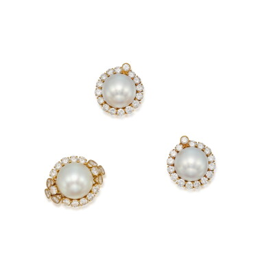 View full screen - View 1 of Lot 239. Gold, Cultured Pearl and Diamond Ring and Pair of Earclips.