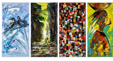 View full screen - View 1 of Lot 140. Good Friends; Transition 1; Good Returns; Day Break - A Group of Four Paintings .