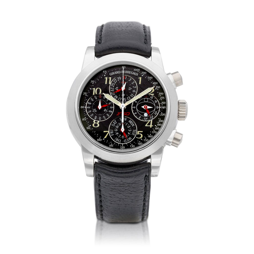 View full screen - View 1 of Lot 8233. Reference 9025 | A limited edition platinum perpetual calendar chronograph wristwatch with moon phases and 24 hours indication, Made to commemorate the 50th anniversary of Ferrari, Circa 1999 | 芝柏 | 型號 9025 | 限量版鉑金萬年曆計時腕錶,備月相及24小時顯示,為慶祝法拉利 50 週年而製,約1999年製.