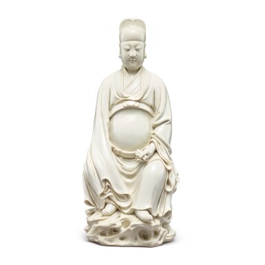 View full screen - View 1 of Lot 3650. A Dehua seated figure of Wenchang Ming dynasty, 17th century, He Chaozong mark | 明十七世紀 德化白釉文昌帝君坐像 《何朝宗印》款.