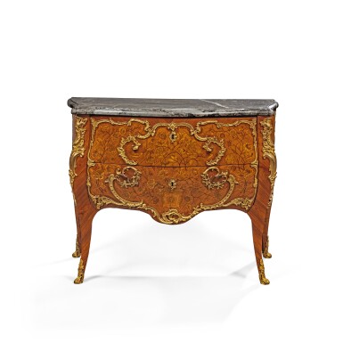 View full screen - View 1 of Lot 373. A Louis XV mounted tulipwood and kingwood marquetry commode, circa 1750-1760, stamped by Jacques Dubois.