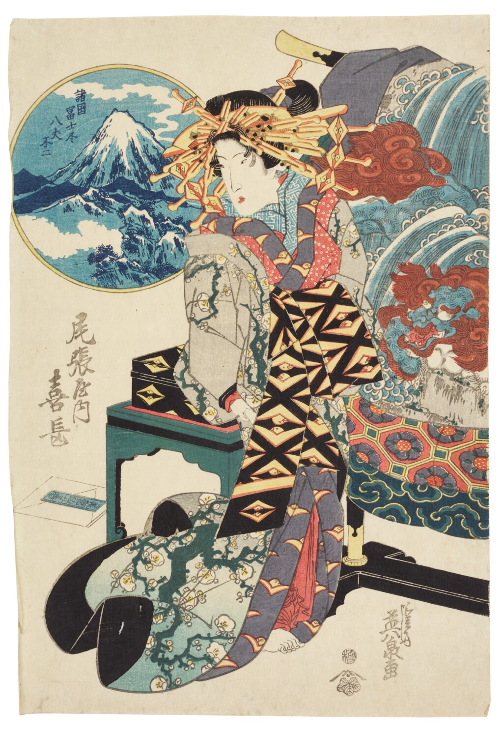 View full screen - View 1 of Lot 66. Keisai Eisen (1790-1848) Fuji Seen from Hachijo: The courtesan Kicho of the Owariya house (Hachijo Fuji, Owariya uchi Yoshinaga), Edo period, 19th century.