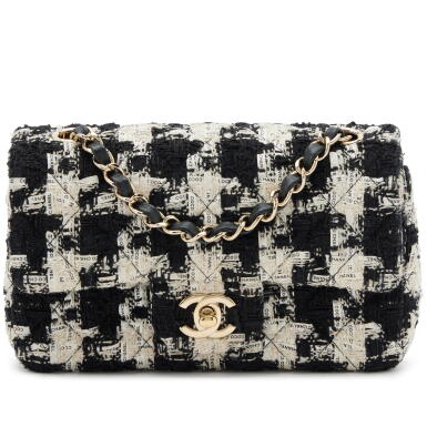 View full screen - View 1 of Lot 160. Black and White Tweed and Logo Ribbon Mini Rectangle Classic Single Flap Bag Pale Gold Hardware, 2019.