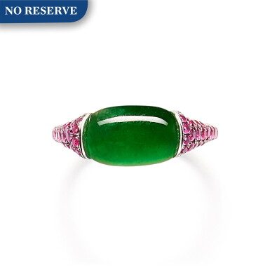 View full screen - View 1 of Lot 1282. JADEITE, RUBY AND DIAMOND RING | 天然翡翠 配 紅寶石 及 鑽石 戒指.