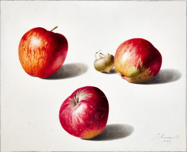 View full screen - View 1 of Lot 88. Still life with three red apples and a medlar.
