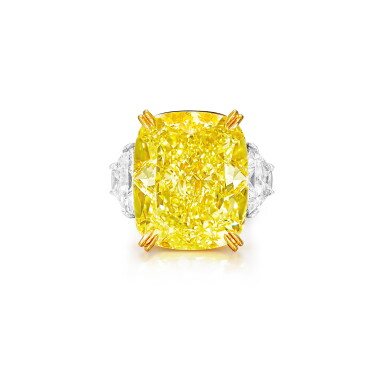 View full screen - View 1 of Lot 1886. Fancy Vivid Yellow Diamond and Diamond Ring | 36.25克拉艷彩黃色鑽石 配 1.63及1.47克拉 鑽石戒指.