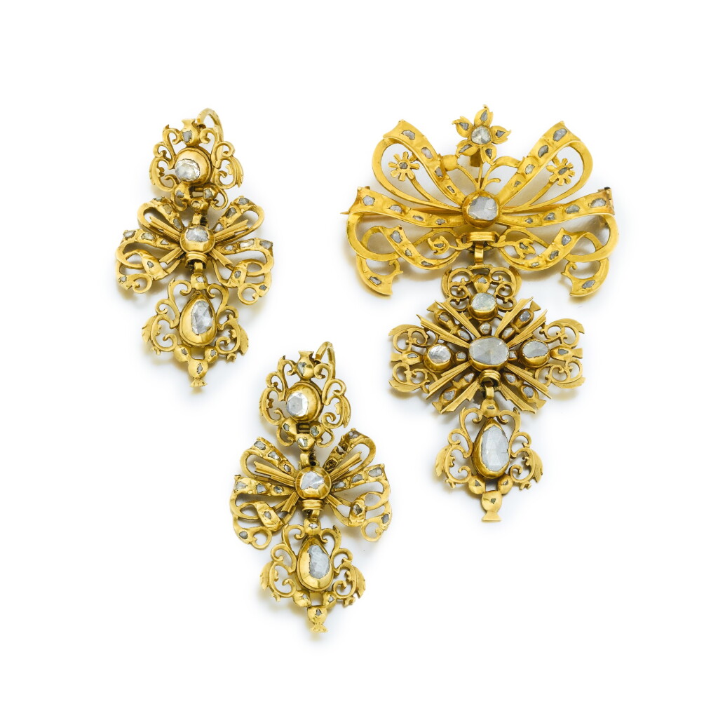 View full screen - View 1 of Lot 1015. A gold and diamond brooch and pair of earrings, Portuguese, early 18th century or later.