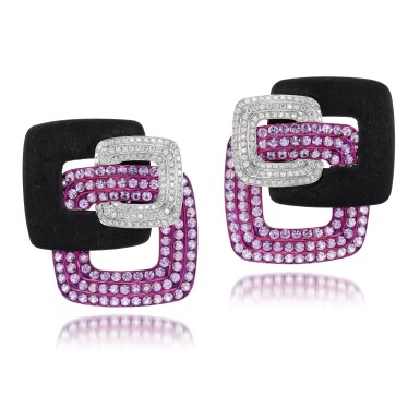 View full screen - View 1 of Lot 1036. Pair of carbon fibre, white gold, pink titanium, diamond and pink sapphire earrings .