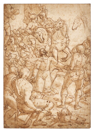 View full screen - View 1 of Lot 6. Recto: Scene before the Crucifixion Verso: Further studies of two seated soldiers, a horse's head and studies of legs.