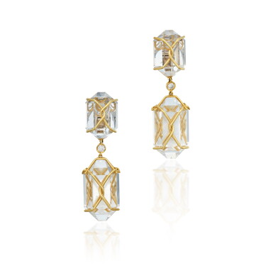 View full screen - View 1 of Lot 417. Pair of Gold, Rock Crystal and Diamond 'Herkimer Diamond' Pendant-Earclips.