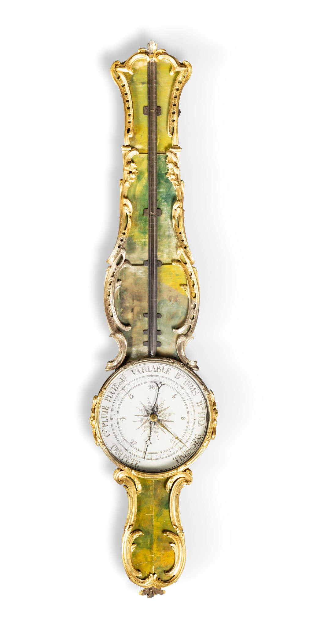 View full screen - View 1 of Lot 123. A Louis XV green stained horn, with gilt-bronze mounts barometer, circa 1750 | Baromètre en corne teintée verte et monture de bronze doré d'époque Louis XV, vers 1750.