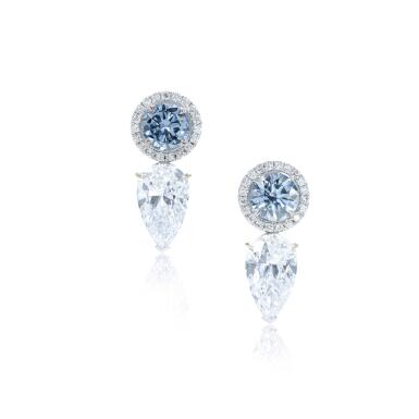 View full screen - View 1 of Lot 515. Important Pair of Fancy Intense Blue and Fancy Deep Blue diamond earrings.