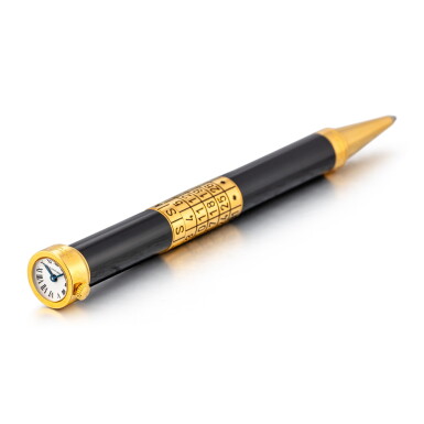 View full screen - View 1 of Lot 9250. Cartier | A limited edition gold-plated and black lacquer ballpoint pen watch with calendar, Circa 1999 | 卡地亞 | 限量版鍍金及黑漆時計原子筆,備日曆,約1999年製.