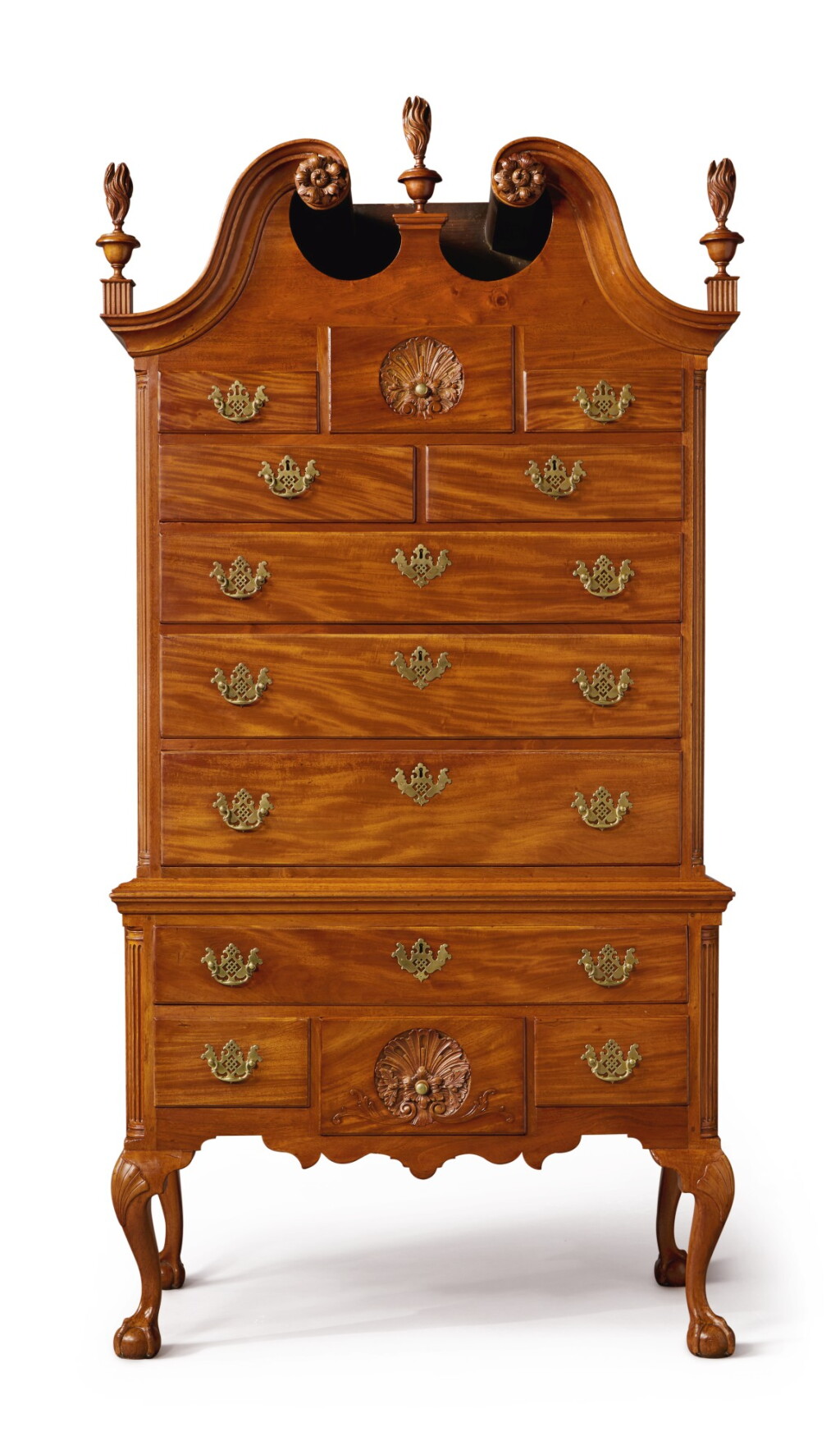 View full screen - View 1 of Lot 39. Chippendale Carved and Figured Mahogany Bonnet-Top High Chest of Drawers, case attributed to William Wayne (w. 1756-1786); carving attributed to 'Nicholas Bernard' and Martin Jugiez, Philadelphia, Pennsylvania, circa 1760.