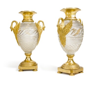 View full screen - View 1 of Lot 113. A PAIR OF GILT-BRONZE MOUNTED CUT-GLASS VASES, POSSIBLY IMPERIAL GLASS FACTORY, ST. PETERSBURG, EARLY 19TH CENTURY.