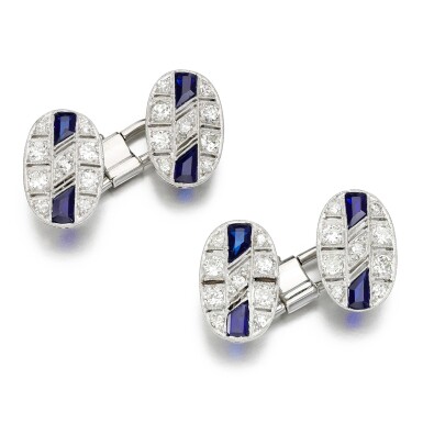 View full screen - View 1 of Lot 229. Pair of synthetic sapphire and diamond cufflinks, 1920s.