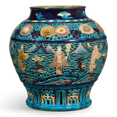 View full screen - View 1 of Lot 3616. A MOULDED AND RETICULATED FAHUA JAR MING DYNASTY | 明 琺華鏤雕八仙過海圖罐.