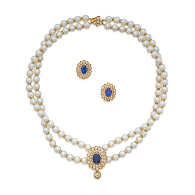 View full screen - View 1 of Lot 332. Sapphire, Diamond and Cultured Pearl Necklace and Pair of Sapphire and Diamond Earclips, France.