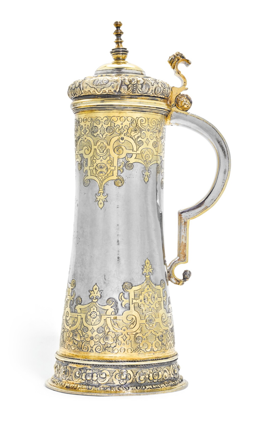 View full screen - View 1 of Lot 4. A parcel-gilt silver tankard, maker’s mark HK conjoined crowned, probably Brassó, late 16th century.