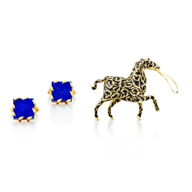 View full screen - View 1 of Lot 1742. Patek Philippe | Pair of Lapis Lazuli Cufflinks; and Boucheron | Enamel Brooch | 百達翡麗 | 青金石袖口一對;寶詩龍 | 琺瑯彩胸針.